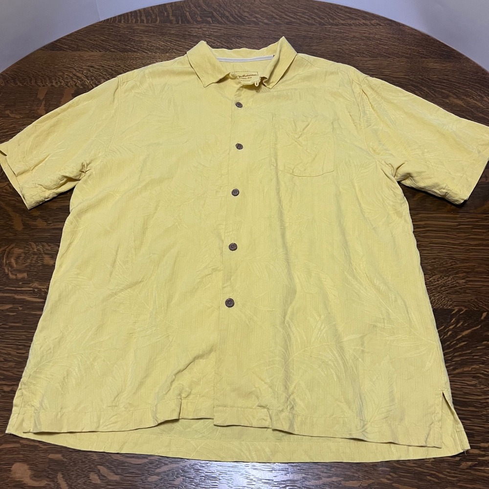 Tommy Bahama Shirt Mens Large Yellow Silk Jacquard Palm Leaf Short Sleeve